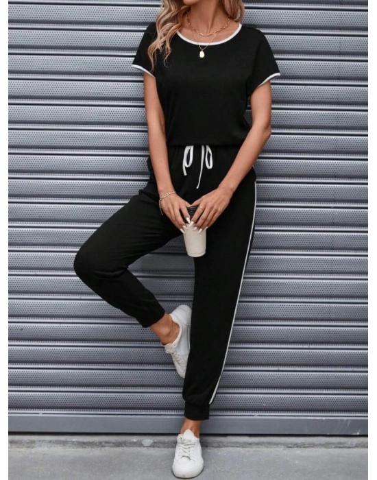 Kadın Kısa Kollu Kayık Yaka Viskon Iki Iplik Bluz Ve Bağcıklı Pantolon Ikili Takım