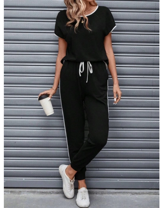 Kadın Kısa Kollu Kayık Yaka Viskon Iki Iplik Bluz Ve Bağcıklı Pantolon Ikili Takım