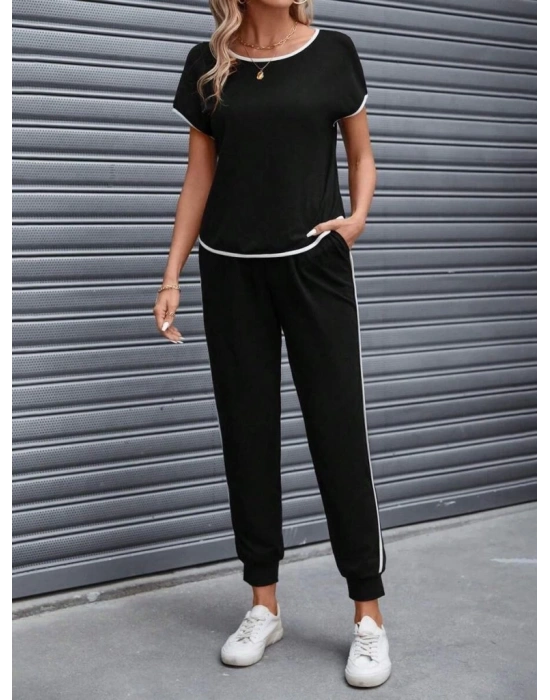 Kadın Kısa Kollu Kayık Yaka Viskon Iki Iplik Bluz Ve Bağcıklı Pantolon Ikili Takım