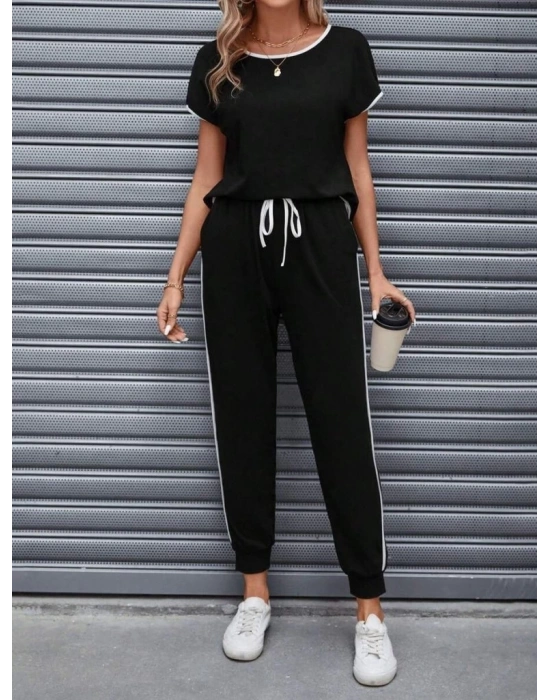 Kadın Kısa Kollu Kayık Yaka Viskon Iki Iplik Bluz Ve Bağcıklı Pantolon Ikili Takım