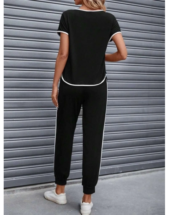 Kadın Kısa Kollu Kayık Yaka Viskon Iki Iplik Bluz Ve Bağcıklı Pantolon Ikili Takım