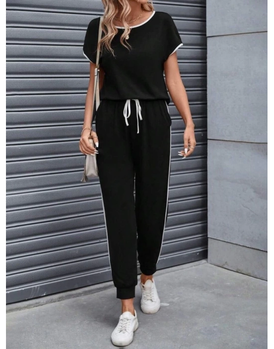 Kadın Kısa Kollu Kayık Yaka Viskon Iki Iplik Bluz Ve Bağcıklı Pantolon Ikili Takım