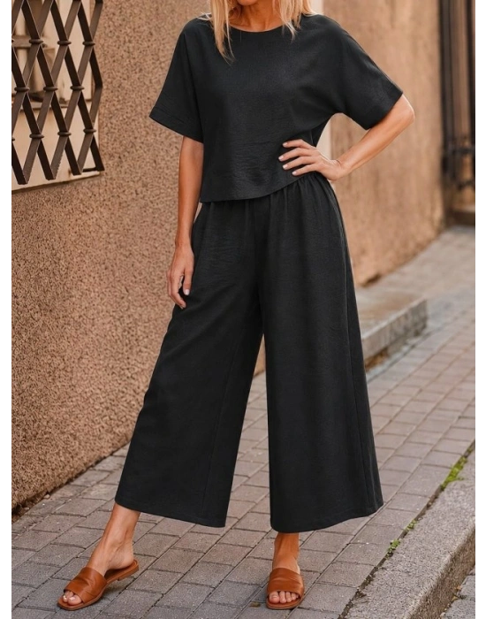 Kadın Kısa Kollu Kayık Yakalı Bluz Ve Pantolon Ikili Takım