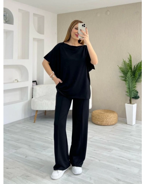 Kadın Kısa Kollu Kayık Yakalı Dikiş Izi Detaylı Viskon Iki Iplik Bluz Ve Pantolon Ikili Takım