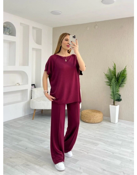 Kadın Kısa Kollu Kayık Yakalı Dikiş Izi Detaylı Viskon Iki Iplik Bluz Ve Pantolon Ikili Takım