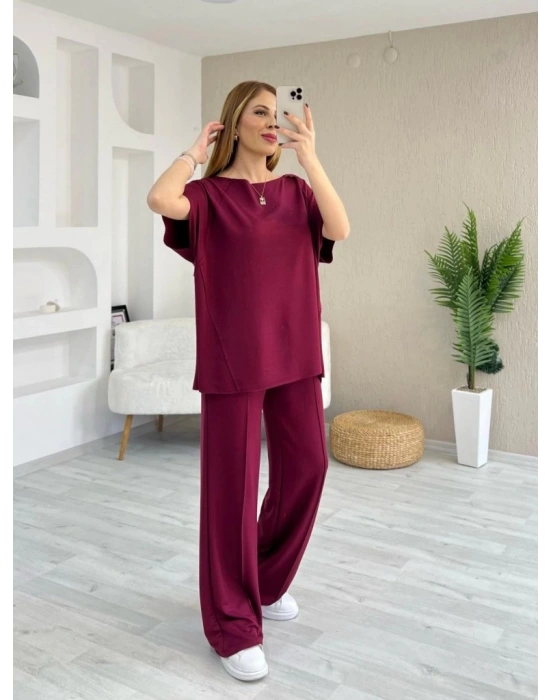 Kadın Kısa Kollu Kayık Yakalı Dikiş Izi Detaylı Viskon Iki Iplik Bluz Ve Pantolon Ikili Takım