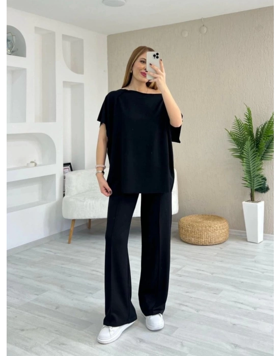 Kadın Kısa Kollu Kayık Yakalı Dikiş Izi Detaylı Viskon Iki Iplik Bluz Ve Pantolon Ikili Takım