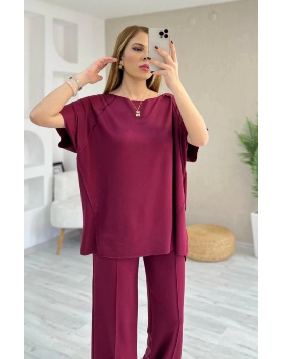 Kadın Kısa Kollu Kayık Yakalı Dikiş Izi Detaylı Viskon Iki Iplik Bluz Ve Pantolon Ikili Takım