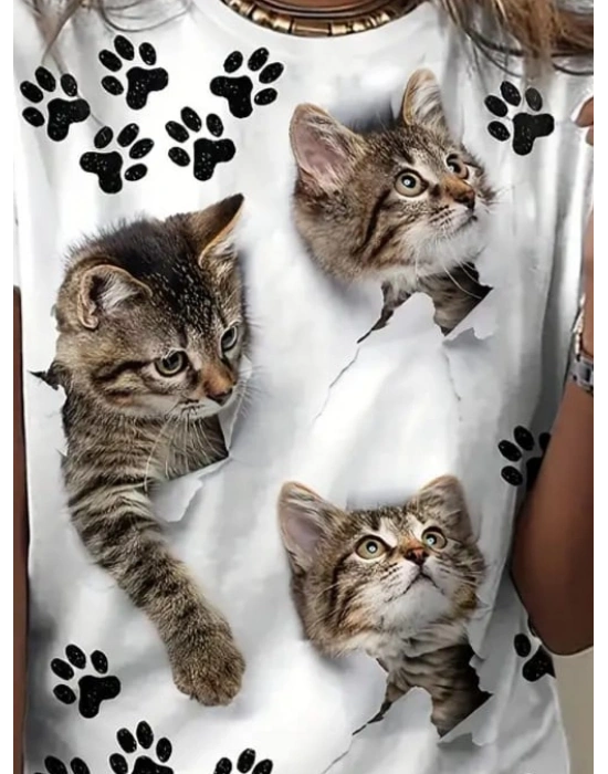 Kadın Kısa Kollu Kedi Ve Pati Baskılı Süprem Tshirt