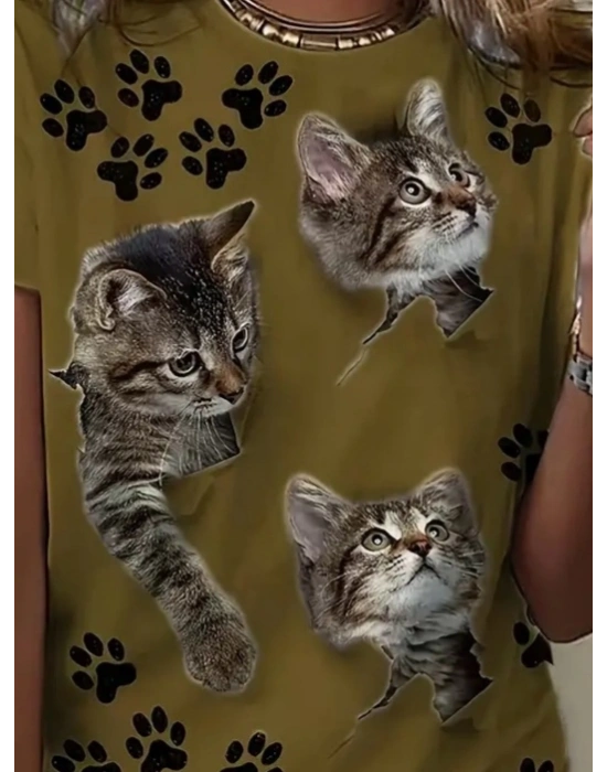Kadın Kısa Kollu Kedi Ve Pati Baskılı Süprem Tshirt