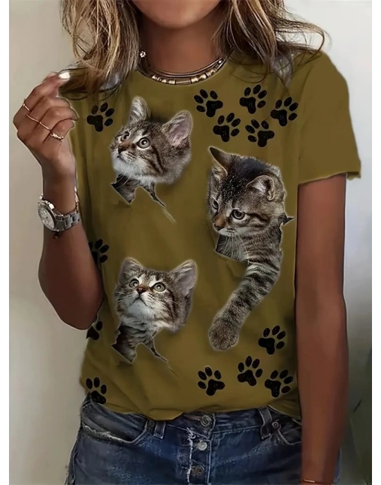 Kadın Kısa Kollu Kedi Ve Pati Baskılı Süprem Tshirt