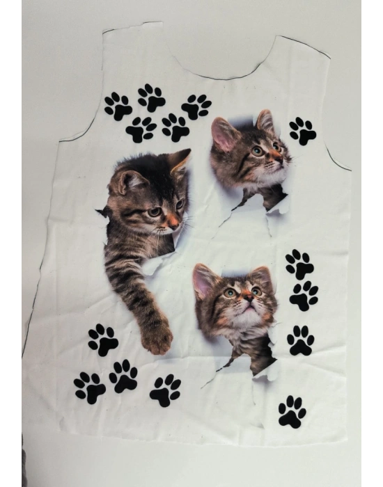 Kadın Kısa Kollu Kedi Ve Pati Baskılı Süprem Tshirt