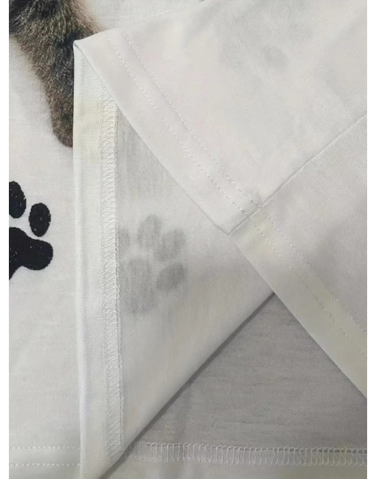 Kadın Kısa Kollu Kedi Ve Pati Baskılı Süprem Tshirt