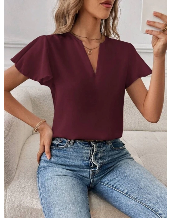 Kadın Kısa Kollu Kelebek Kollu V Yakalı Sandy Bluz
