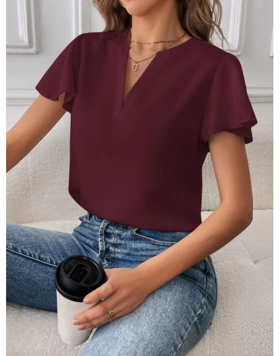 Kadın Kısa Kollu Kelebek Kollu V Yakalı Sandy Bluz