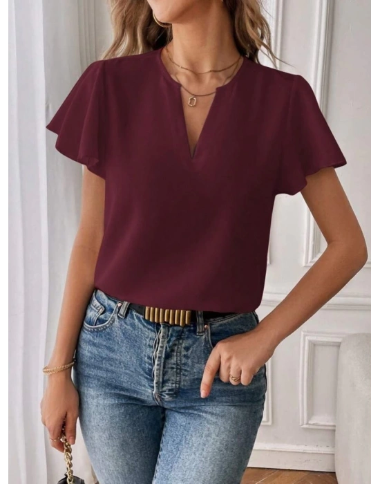 Kadın Kısa Kollu Kelebek Kollu V Yakalı Sandy Bluz