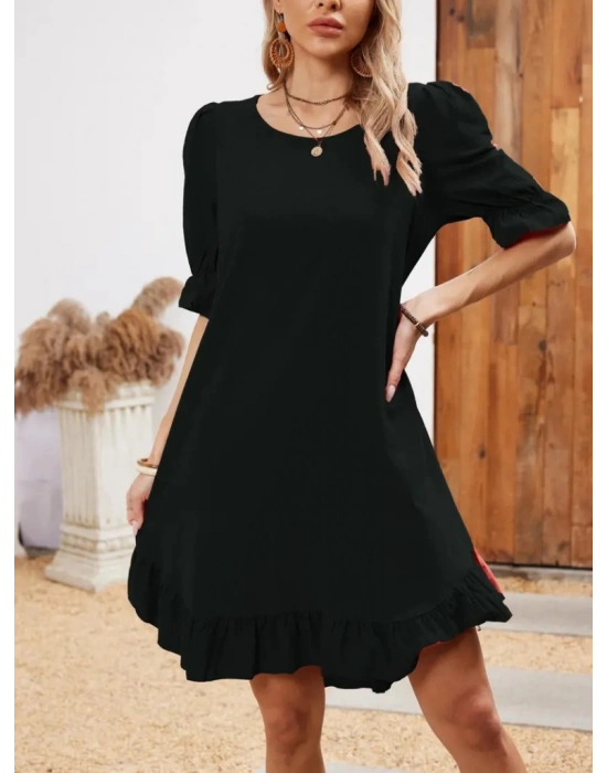 Kadın Kısa Kollu Kol Ve Eteği Volanlı Bisiklet Yaka Aerobin Elbise