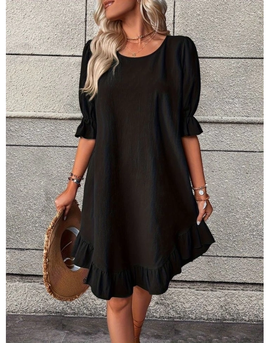 Kadın Kısa Kollu Kol Ve Eteği Volanlı Bisiklet Yaka Aerobin Elbise