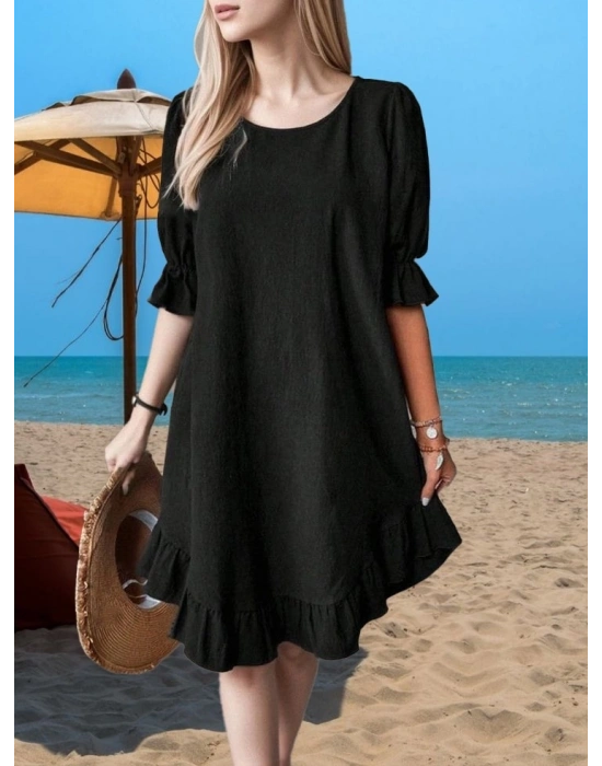 Kadın Kısa Kollu Kol Ve Eteği Volanlı Bisiklet Yaka Aerobin Elbise