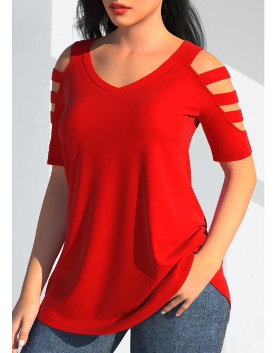 Kadın Kısa Kollu Kollar şerit Detay V Yaka Viskon Bluz