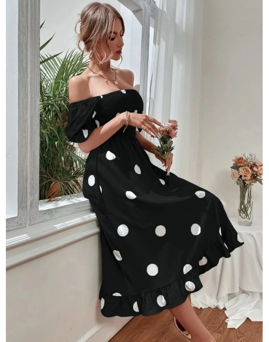 Kadın Kısa Kollu Kollar Ve Etek Ucu Volanlı üst Gipeli Puantiyeli Krep Elbise