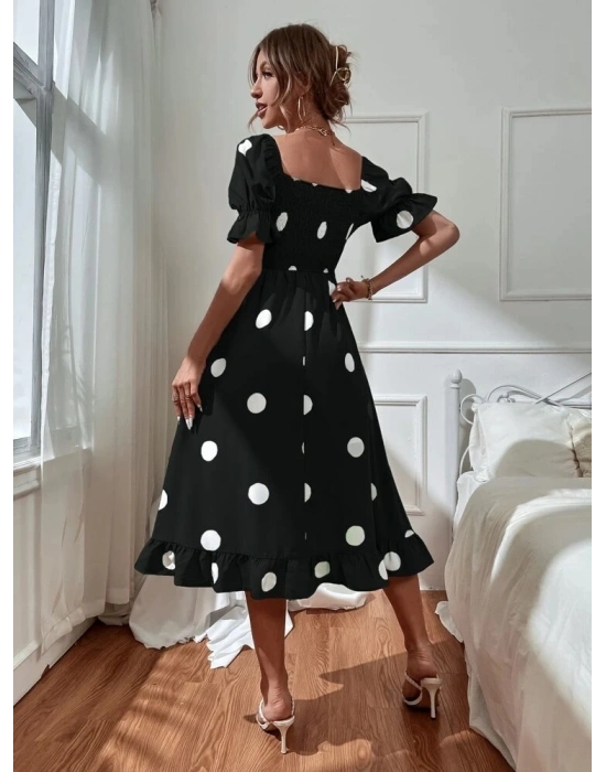 Kadın Kısa Kollu Kollar Ve Etek Ucu Volanlı üst Gipeli Puantiyeli Krep Elbise