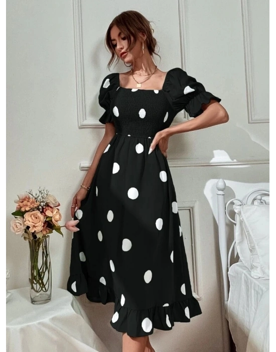 Kadın Kısa Kollu Kollar Ve Etek Ucu Volanlı üst Gipeli Puantiyeli Krep Elbise