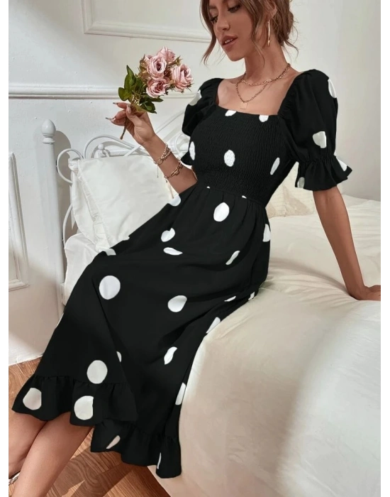 Kadın Kısa Kollu Kollar Ve Etek Ucu Volanlı üst Gipeli Puantiyeli Krep Elbise