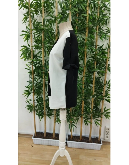 Kadın Kısa Kollu Kollardan Bağlamalı önden Asimetrik Kesim çift Renk Detaylı Düğmeli Ithal Krep Bluz