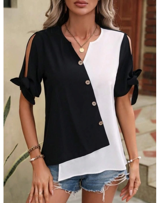 Kadın Kısa Kollu Kollardan Bağlamalı önden Asimetrik Kesim çift Renk Detaylı Düğmeli Ithal Krep Bluz