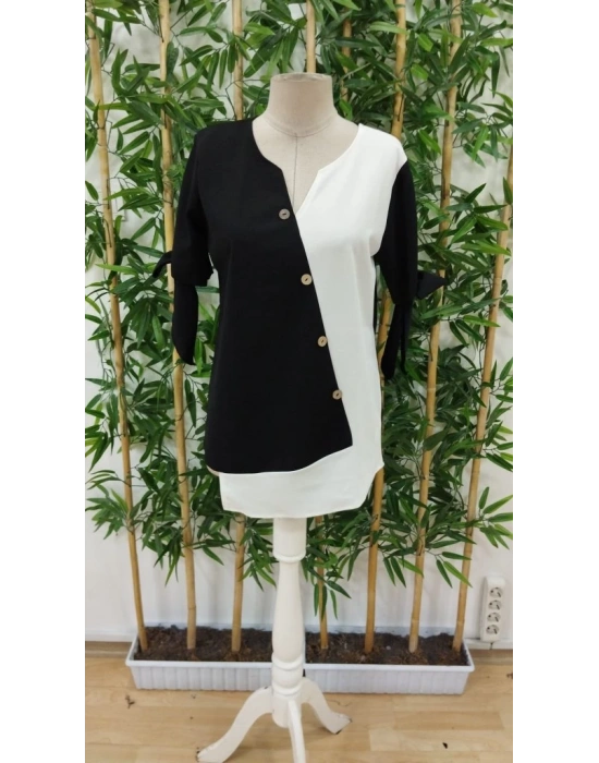 Kadın Kısa Kollu Kollardan Bağlamalı önden Asimetrik Kesim çift Renk Detaylı Düğmeli Ithal Krep Bluz