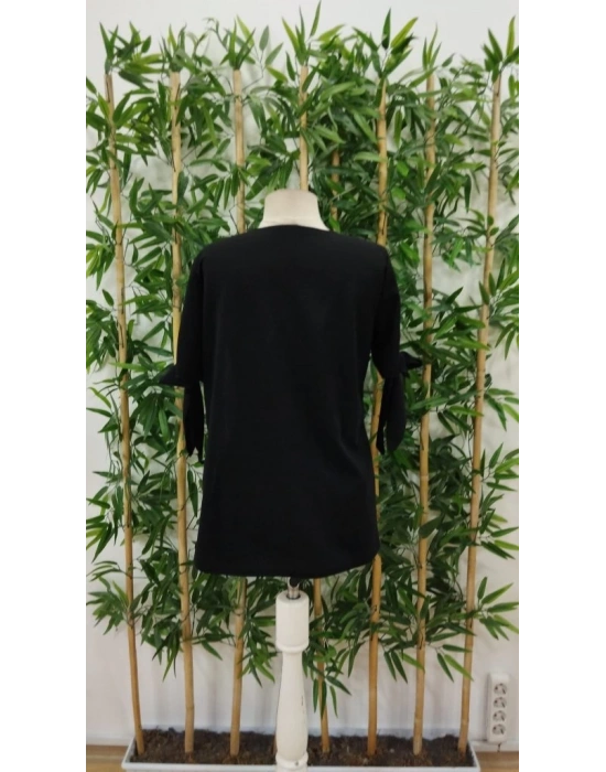 Kadın Kısa Kollu Kollardan Bağlamalı önden Asimetrik Kesim çift Renk Detaylı Düğmeli Ithal Krep Bluz