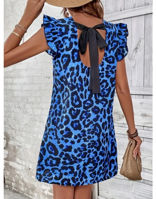 Kadın Kısa Kollu Kolları Fırfır Detay Arkası Bağlamalı Leopar Desen Kolsuz Mini Mikro Elbise