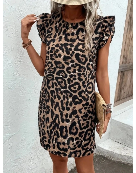 Kadın Kısa Kollu Kolları Fırfır Detay Arkası Bağlamalı Leopar Desen Kolsuz Mini Mikro Elbise