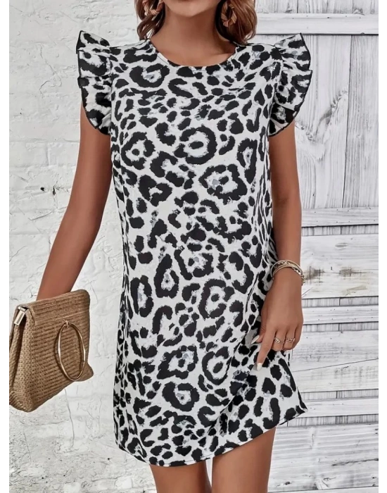 Kadın Kısa Kollu Kolları Fırfır Detay Arkası Bağlamalı Leopar Desen Kolsuz Mini Mikro Elbise