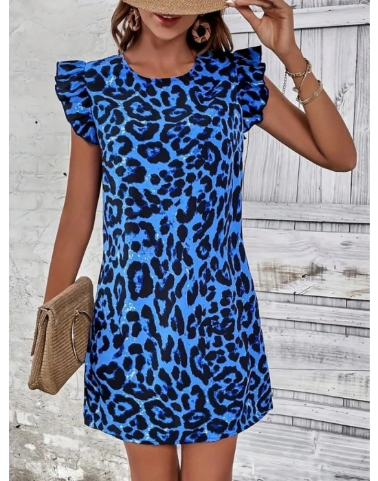 Kadın Kısa Kollu Kolları Fırfır Detay Arkası Bağlamalı Leopar Desen Kolsuz Mini Mikro Elbise