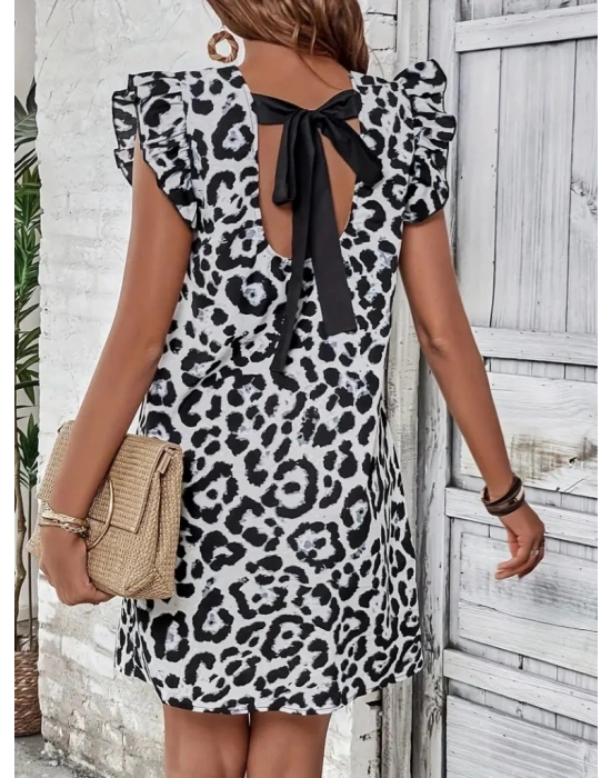 Kadın Kısa Kollu Kolları Fırfır Detay Arkası Bağlamalı Leopar Desen Kolsuz Mini Mikro Elbise