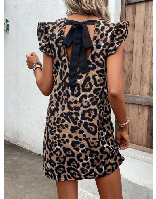 Kadın Kısa Kollu Kolları Fırfır Detay Arkası Bağlamalı Leopar Desen Kolsuz Mini Mikro Elbise