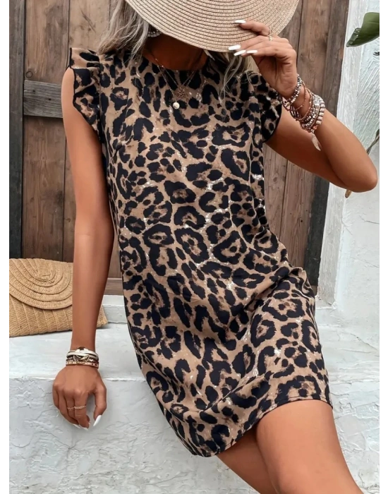 Kadın Kısa Kollu Kolları Fırfır Detay Arkası Bağlamalı Leopar Desen Kolsuz Mini Mikro Elbise