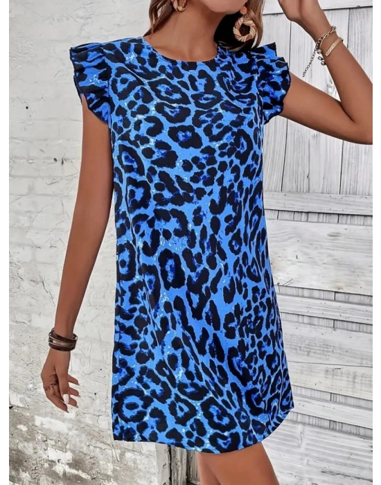 Kadın Kısa Kollu Kolları Fırfır Detay Arkası Bağlamalı Leopar Desen Kolsuz Mini Mikro Elbise