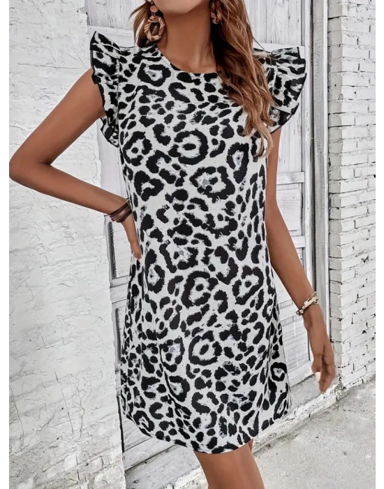 Kadın Kısa Kollu Kolları Fırfır Detay Arkası Bağlamalı Leopar Desen Kolsuz Mini Mikro Elbise