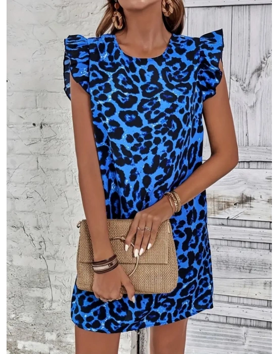 Kadın Kısa Kollu Kolları Fırfır Detay Arkası Bağlamalı Leopar Desen Kolsuz Mini Mikro Elbise