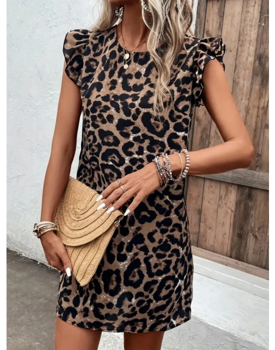 Kadın Kısa Kollu Kolları Fırfır Detay Arkası Bağlamalı Leopar Desen Kolsuz Mini Mikro Elbise