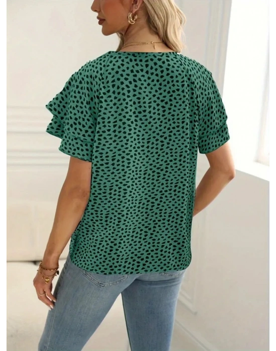 Kadın Kısa Kollu Kolları Volanlı Baskılı Süprem Bluz