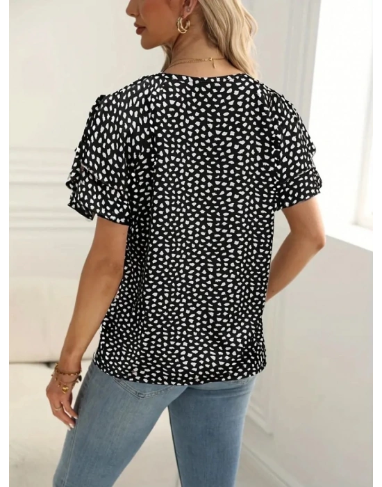 Kadın Kısa Kollu Kolları Volanlı Baskılı Süprem Bluz