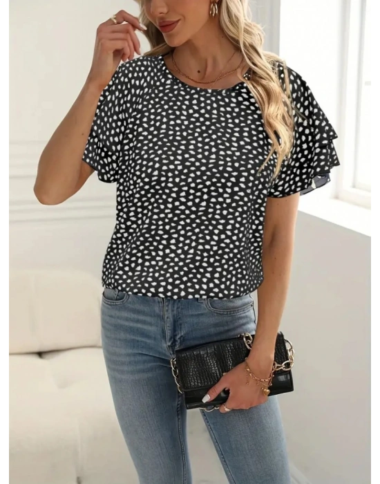 Kadın Kısa Kollu Kolları Volanlı Baskılı Süprem Bluz
