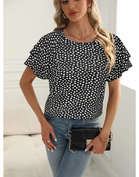 Kadın Kısa Kollu Kolları Volanlı Baskılı Süprem Bluz