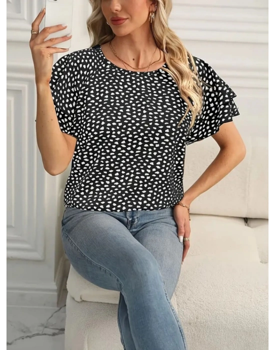 Kadın Kısa Kollu Kolları Volanlı Baskılı Süprem Bluz