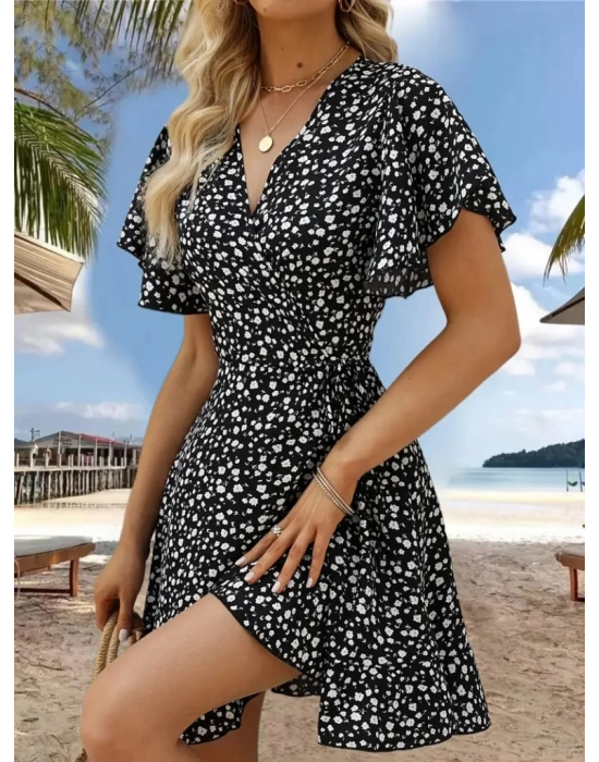 Kadın Kısa Kollu Kolu Ve Eteği Volanlı Fırfırlı çiçek Desenli Mini Elbise