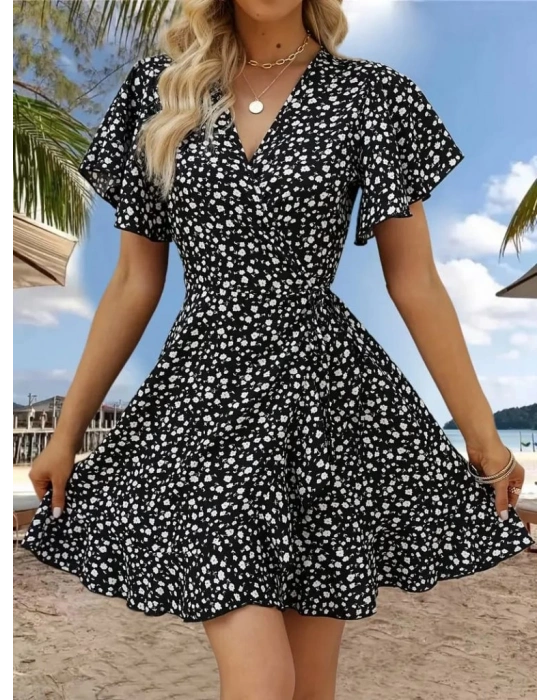 Kadın Kısa Kollu Kolu Ve Eteği Volanlı Fırfırlı çiçek Desenli Mini Elbise